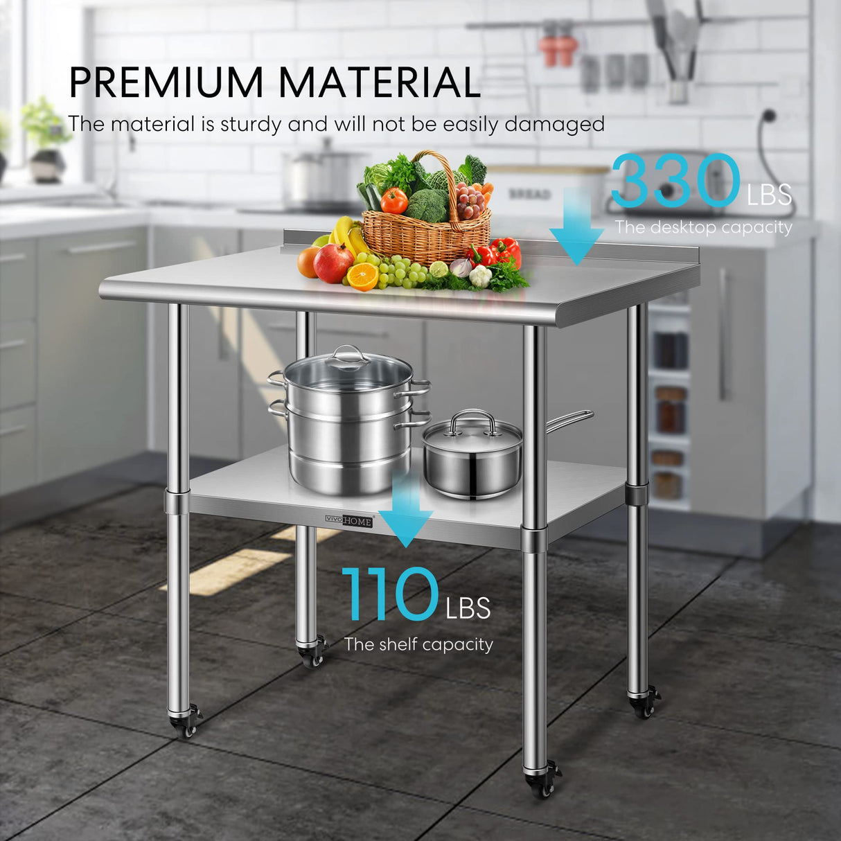VIVOHOME 24 x 36 Inch Stainless Steel Work Table with Backsplash, Food Prep Commercial Table with Wheels for Restaurant, Hotel, Home and Warehouse VIVOHOME