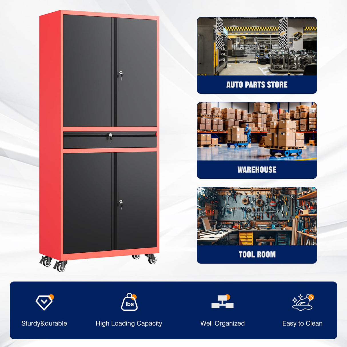 Yizosh Metal Garage Storage Cabinet with Locking Doors and Adjustable Shelves, Rolling Tool Storage Cabinet with 4 Wheels and 1 Drawer - 73" Steel Locking Cabinet for Garage, Warehouse (Red Black) Yizosh
