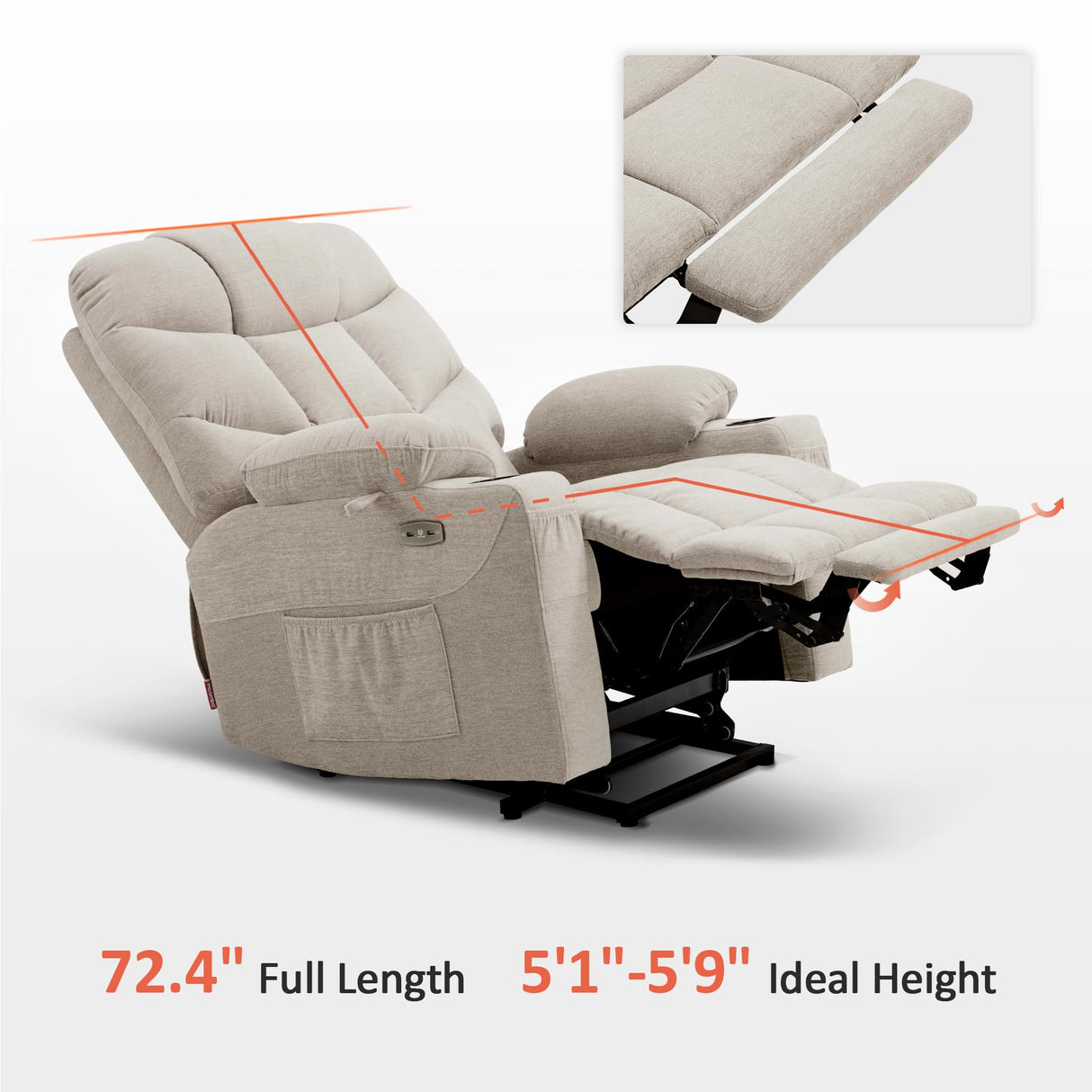 MCombo Power Lift Recliner Chair with Extended Footrest for Elderly People, Fabric 7287 (Oatmeal, Medium-Regular) MCombo