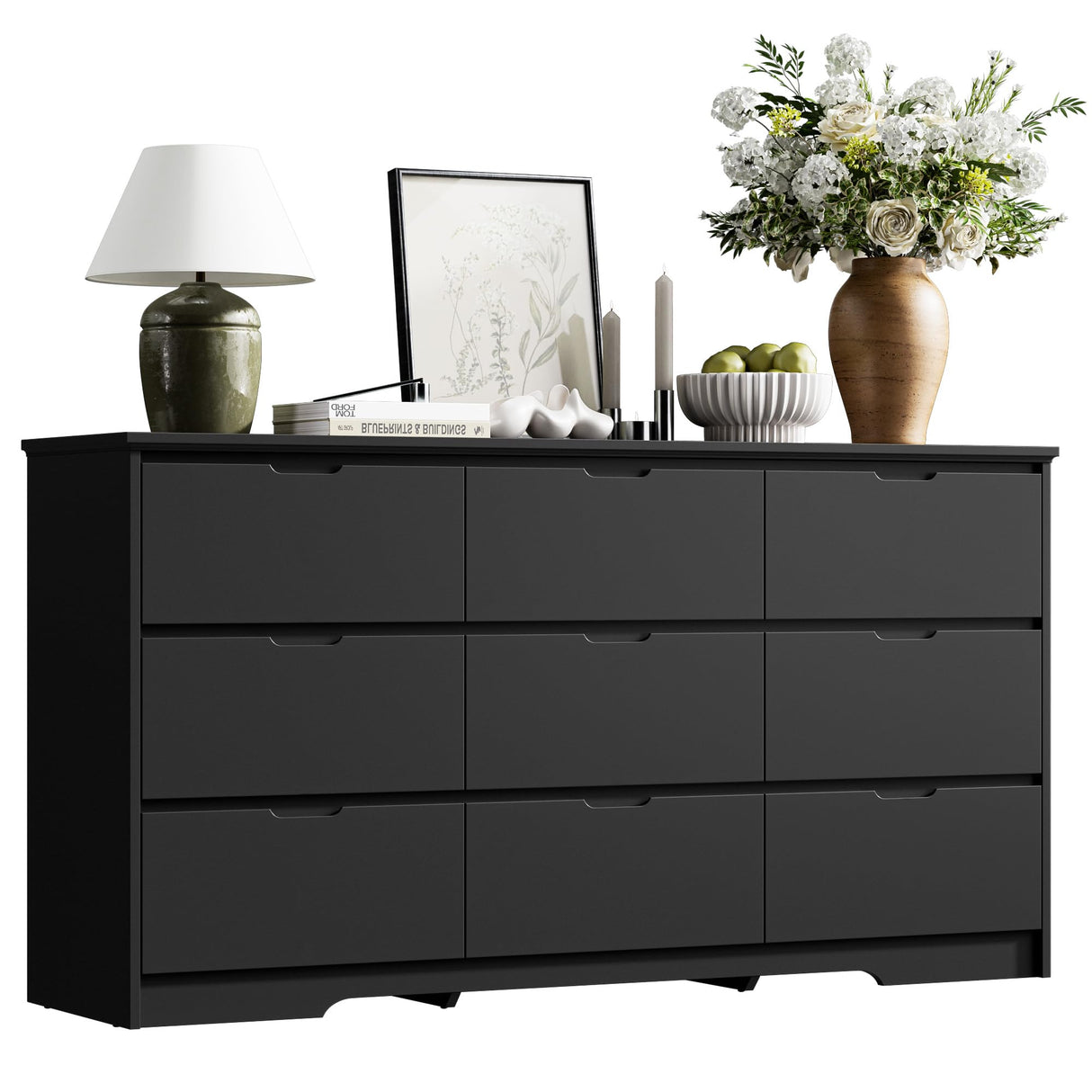 Tradare 59'' Black Dresser for Bedroom, 9 Drawer Wood Dresser with Handle Free, Large Modern Chest of Drawers for Home Office, Living Room, Entryway Tradare
