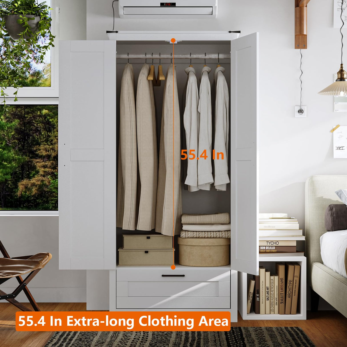 Fddevelop Wood Wardrobe Closet with 2 Doors,Bedroom Freestanding Armoire Storage Cabinet with Shelves,Wooden Wardrobe Combination for Hanging Clothes (Barn Door) Fddevelop