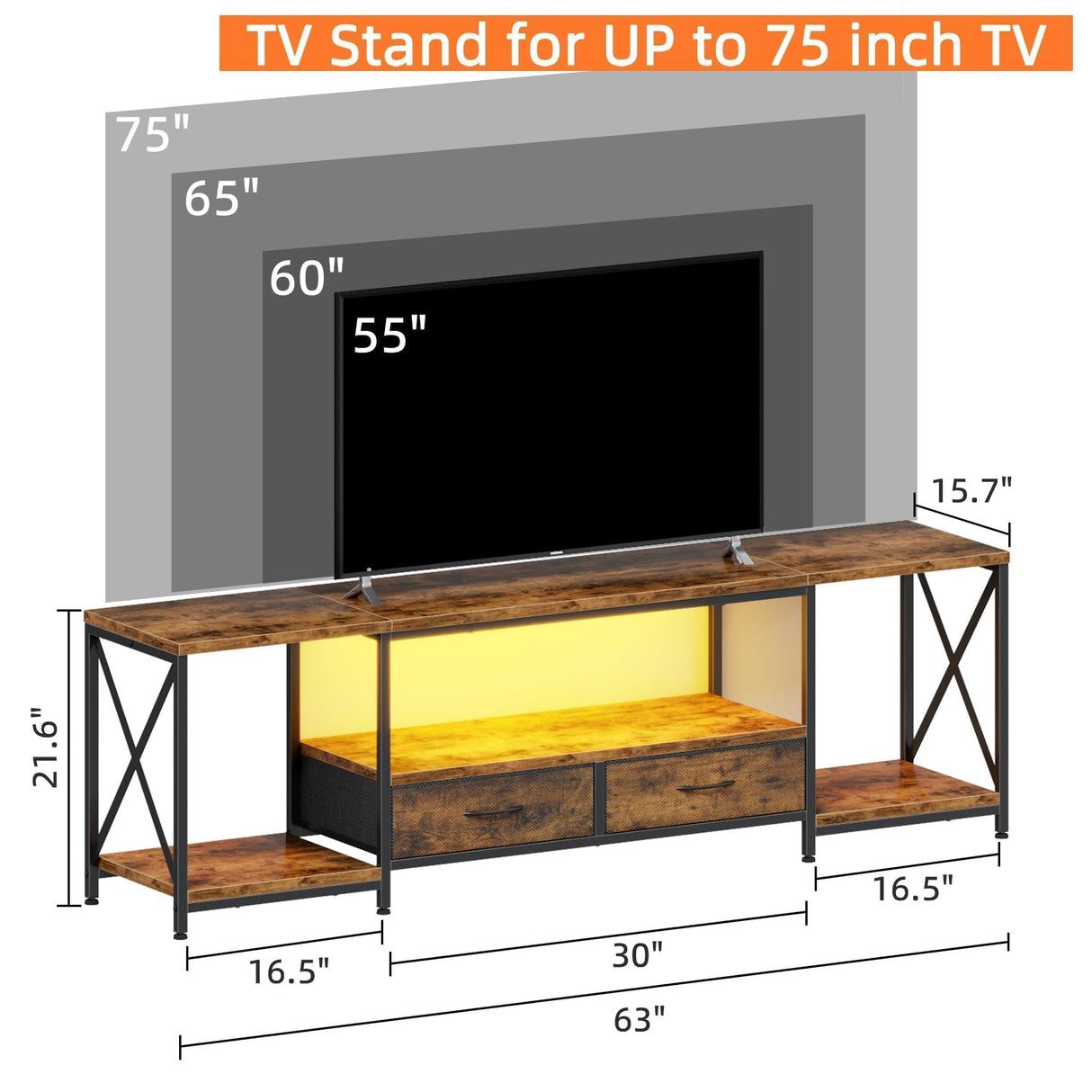 DSAFGGY LED TV Stand with Fabric Drawers, Entertainment Center for 65 70 75 Inches Television Stands with Storage Shelves for Living Room, Bedroom, TV Console Table 63" Rustic Brown DSAFGGY