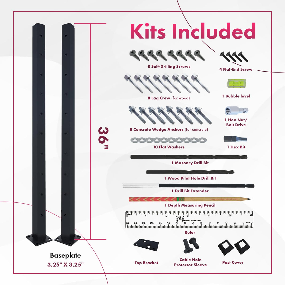 CR Fence & Rail Level Drilled Cable Railing Post, 2pcs 36 inch Powder Coated Fence Post, Metal Posts for Cable Railing Kit, Black Metal Deck Railing Post for Indoor, Outdoor, Porch, & Balcony (36") CHR