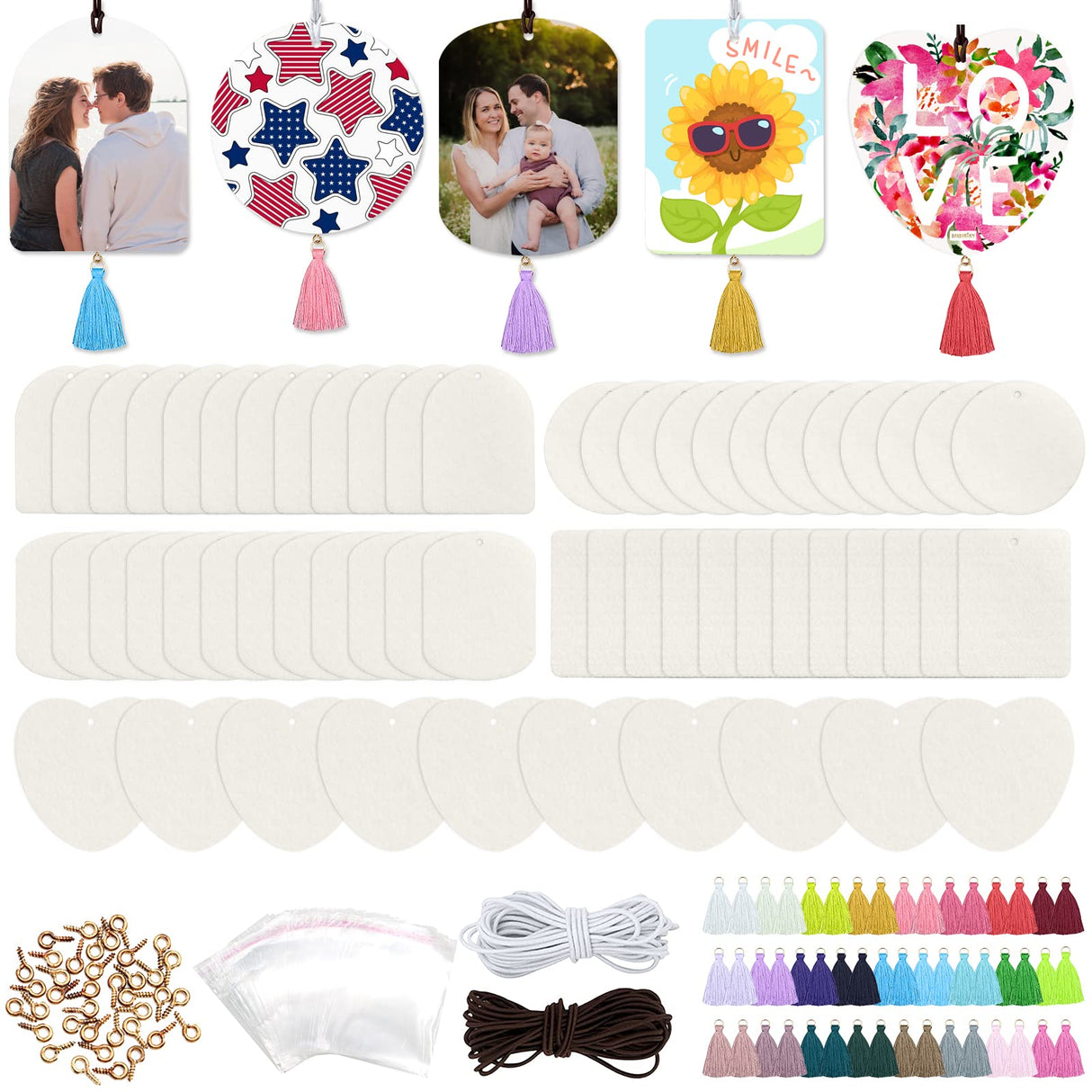 ZOCONE 50 Pcs Sublimation Air Fresheners Blanks with Bags Tassels Elastic Rope, White Felt Sublimation Blanks Bulk for Car and Home Hanging Air Freshener, 5 Shapes Fragrant Sheets (50 PCS 5 Shape) ZOCONE