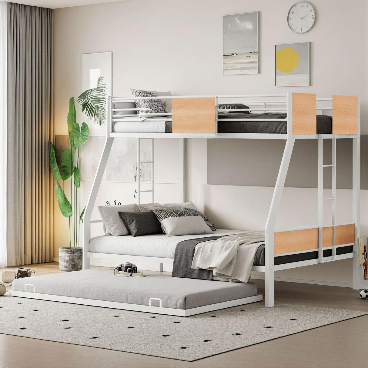 PVWIIK Twin Over Full Bunk Bed with Trundle,Heavy-Duty Sturdy Bedframe with Safety Guardrail & Ladder for Kids Boys Girls Teens,Space Saving Design & No Box Spring Needed,White PVWIIK