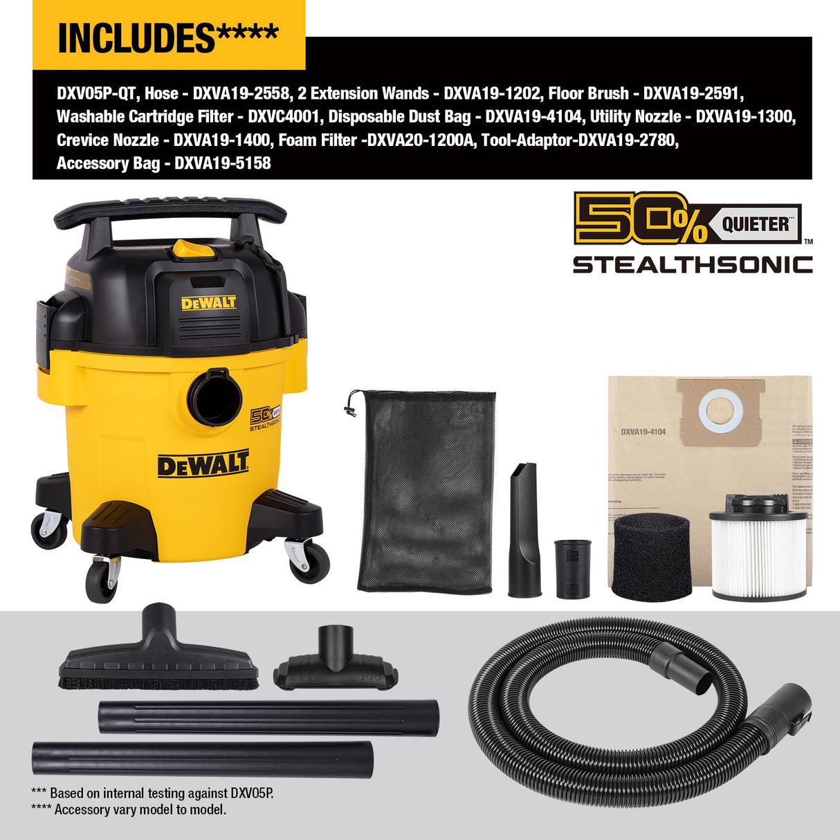 DEWALT 5 Gallon STEALTHSONIC Shop Vacuum Wet and Dry, Powerful Suction & Portable Shop Vac with Attachments, Ultra Quiet Wet Dry Vac for Home, Garage, Car, Workshop, Jobsite, DXV05P-QT, 4 Peak HP DEWALT