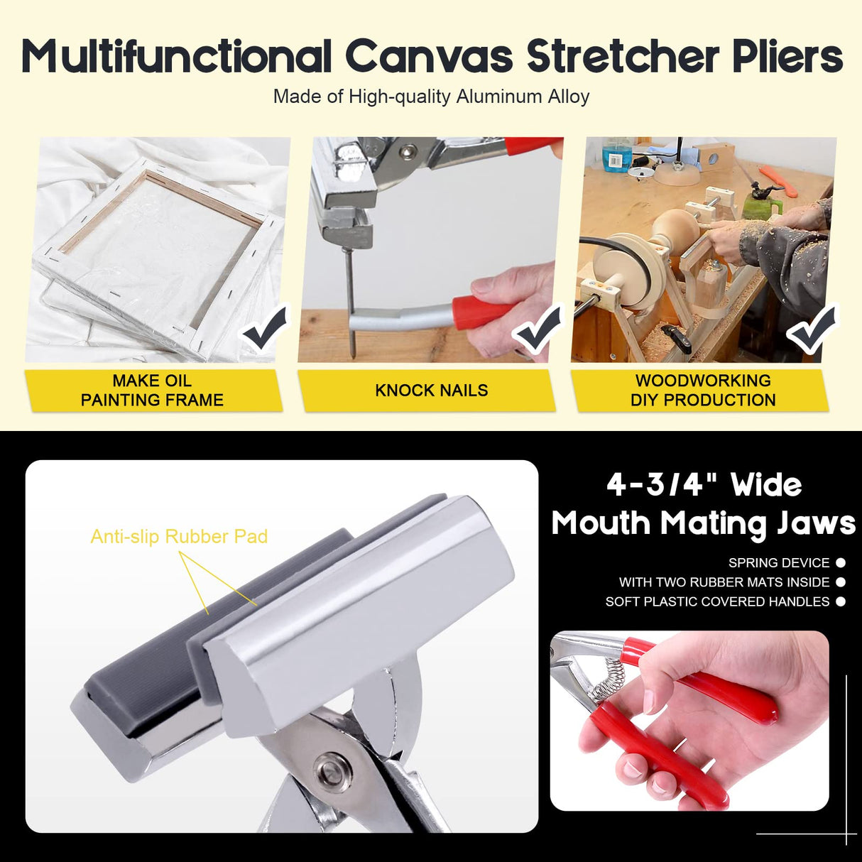 Mardatt 3 Pcs Heavy Duty Canvas Stretcher Pliers and Staple Remover and Tack Puller Tool, Aluminum Alloy Canvas Stretching Pliers with Spring Rubber Handle for Stretching Canvas Clamp Oil Painting Mardatt