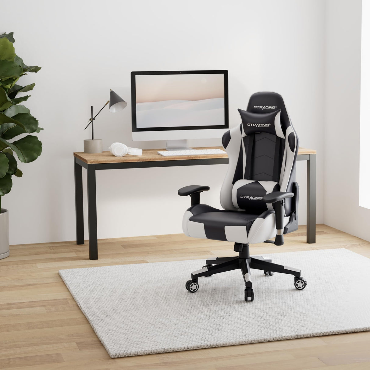 GTRACING Gaming Chair Racing Office Computer Ergonomic Video Game Chair Backrest and Seat Height Adjustable Swivel Recliner with Headrest and Lumbar Pillow Esports Chair (White) GTRACING