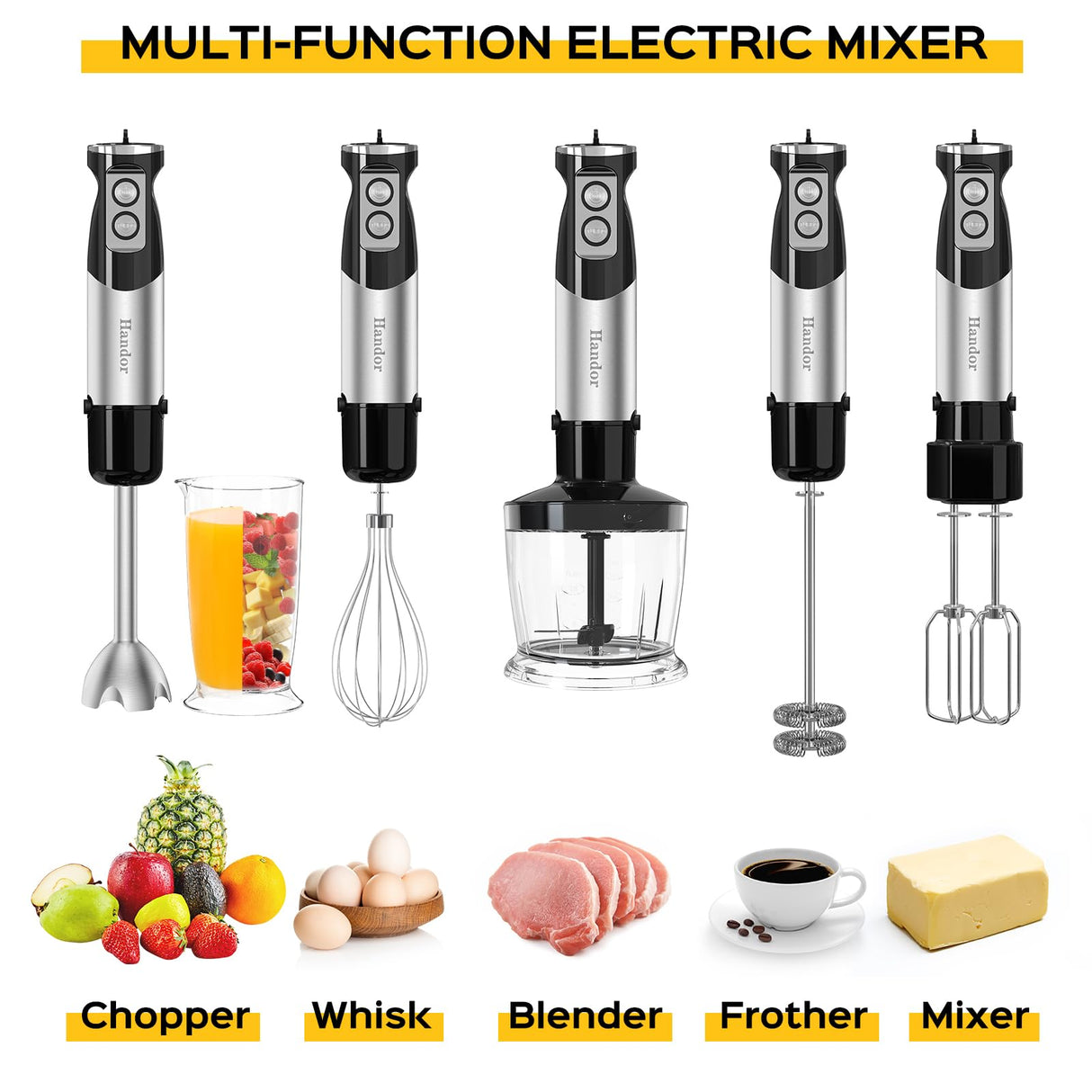 1000W 6-in-1 Immersion Blender Handheld, 12 Speed Hand Blender with 600ml Mixing Beaker, 500ml Chopper, 304 Stainless Steel Blades, Whisk, Milk Frother For Soup, Smoothie, Sauce, Pureel Danett