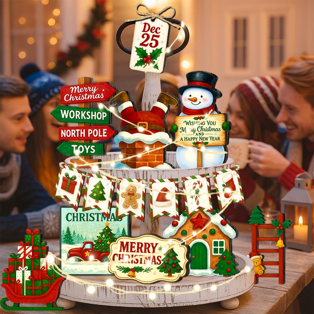 18pcs Christmas Tiered Tray Decoration Set - Santa Claus Snowman Christmas Tree Gingerbread Man Tiered Tray Decoration, Farmhouse 3D Winter Sign for Home, Farmhouse Tabletop, Office Desk Decoration kauomi