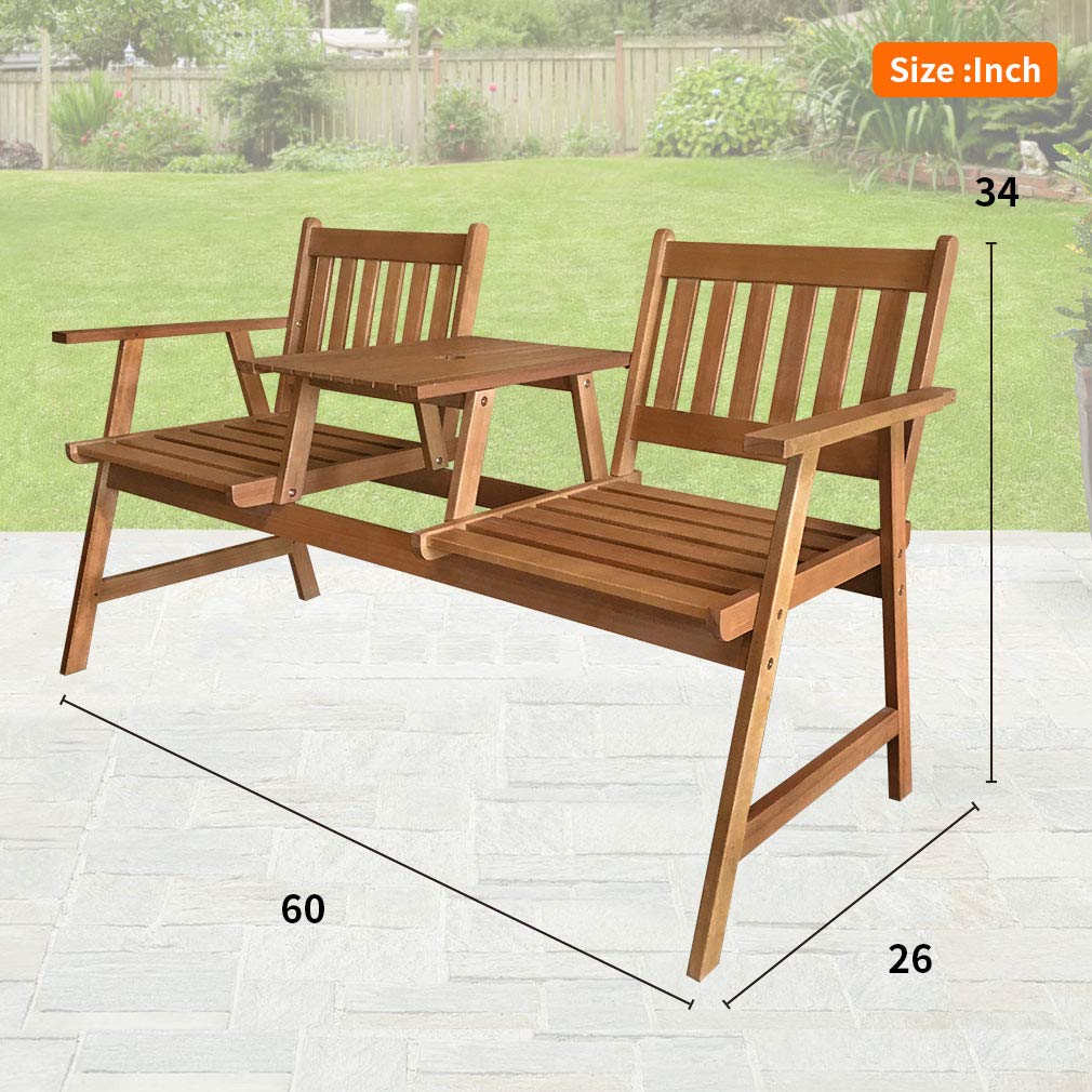 FDW Outdoor Patio Bench Wood Garden Bench Park Bench Acacia Wood with Table for Pool Beach Backyard Balcony Porch Deck Garden Wooden Furniture FDW