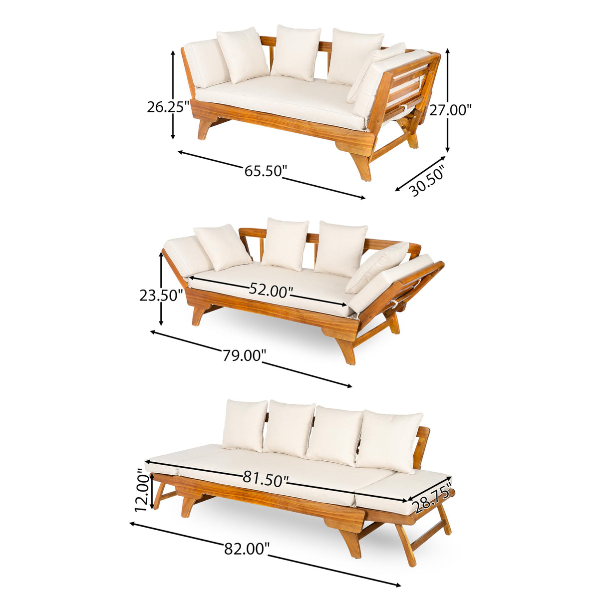 Christopher Knight Home Gary Patio Convertible Couch, Wooden Outdoor Daybed, 3-Seater Acacia Wood Patio Furniture Lounge Sofa for Backyard/Poolside/Garden, Back Pillow+Removable Cushion, Teak+ Beige Christopher Knight Home
