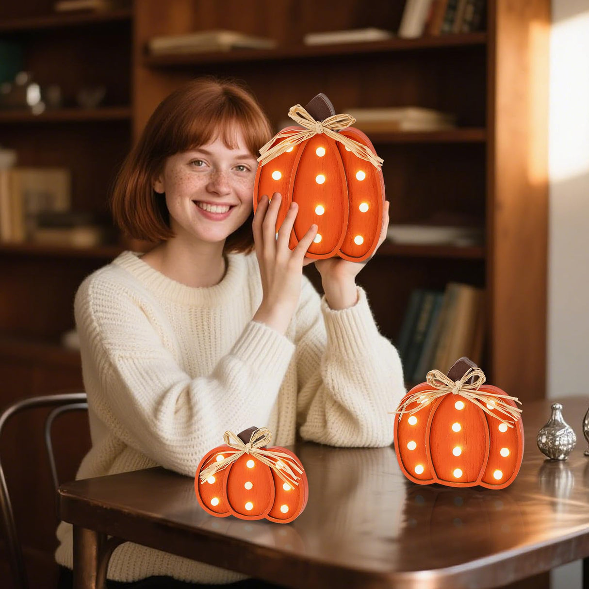 Grinsvalley 3 Pcs Light up Thanksgiving Pumpkin Decor Thanksgiving Farmhouse Pumpkins Sign Rustic Tiered Tray Decorations Table Centerpieces Standing Wooden Block Sign for Home Kitchen Halloween Grinsvalley