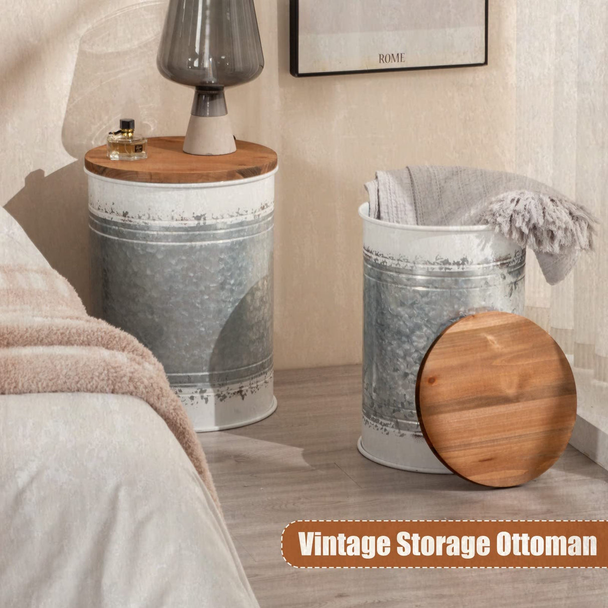 Poofzy Farmhouse End Tables Set of 2, Galvanized Metal Decor Side Table with Wood Lid, Coffee Table Storage Stool for Living Room (White) Poofzy