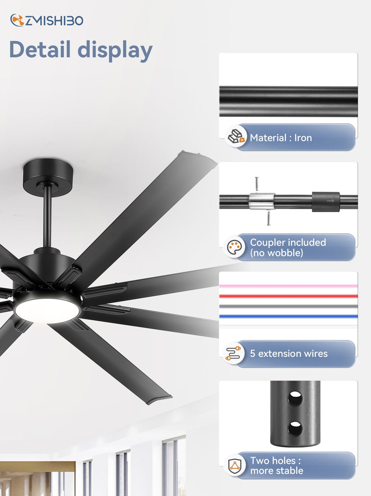 ZMISHIBO 36 Inch Ceiling Fan Downrod with Coupler, 1" Diameter and 36" Height Ceiling Fan Extension Rod with Wires, Downrods Extension for Most of Ceiling Fans, Black, Not Threaded ZMISHIBO