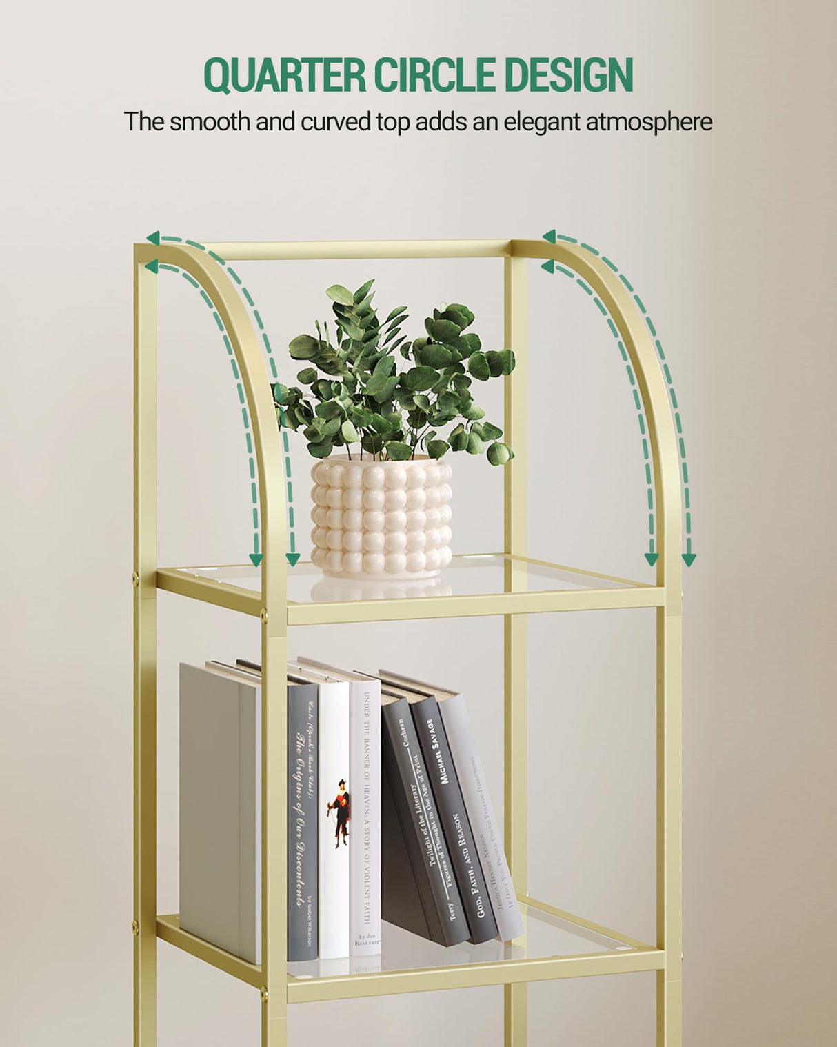 Hzuaneri Gold Arched 6-Tier Tempered Glass Bookshelf for Elegant Storage Hzuaneri