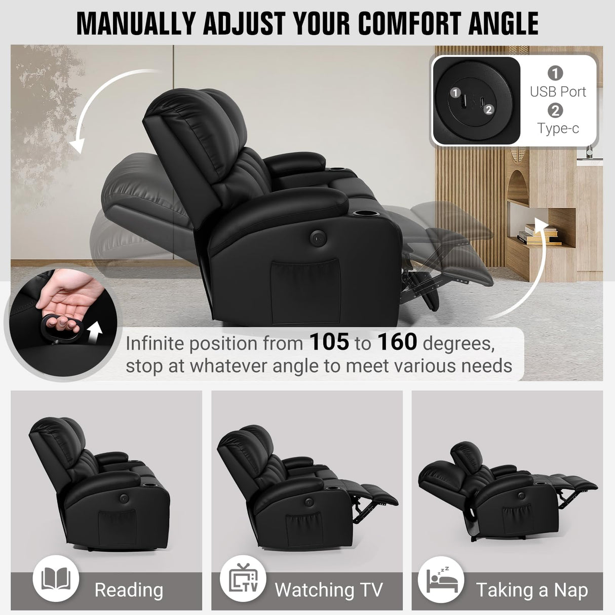 CHABATREE Home Theater Seating,RV Recliner Sofa with Massage and Heat,Manual RV Recliner Loveseat with USB/Cup Holders and Side Pocket for Living Room,2 Seater Black CHABATREE