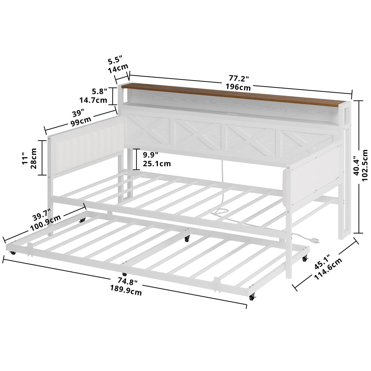 IRONCK Daybed with Trundle, Sturdy Metal Twin Bed Frame with X-Shaped Frame, Upholstered Farmhouse Daybed with Charging Station for Living Room, Bedroom, and Guest Room, White/Walnut IRONCK