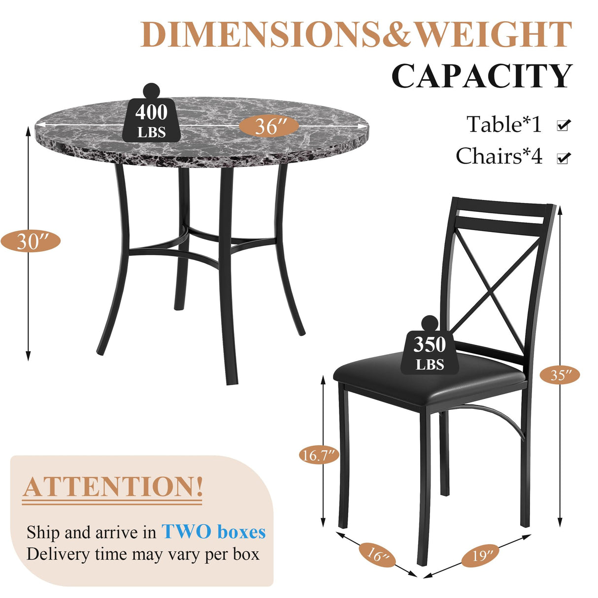 VECELO 5 Piece Dining Table Set for 4, Faux Marble Dinette with Chairs for Kitchen, Breakfast Nook, Small Space, Dark Black VECELO