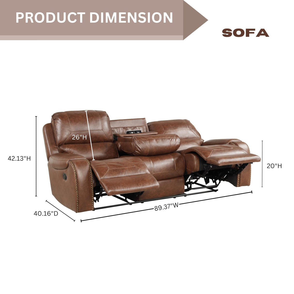 Roundhill Furniture Achern Leather Air Nail head Manual Reclining Sofa with Storage Console, Brown Roundhill Furniture