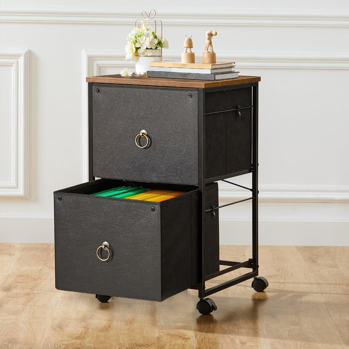 HOOBRO 2 Drawer Mobile File Cabinet, Rolling Printer Stand, Vertical Filing Cabinet, Office Cabinet, Filing Cabinet for Home Office, A4/Letter Size, Nonwovens Drawer, Black and Rustic Brown BFK20WJ01 HOOBRO