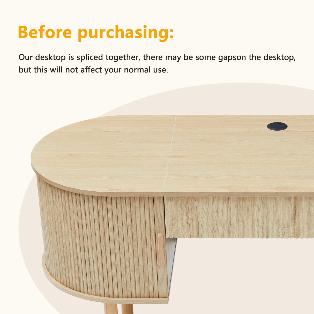 Home Office Oval Desk with Sliding Tambour Door and Drawer, Modern Fluted Wood Executive Computer Storage Desk for Study, Living Room, Bedroom, Office - Natural ORRD