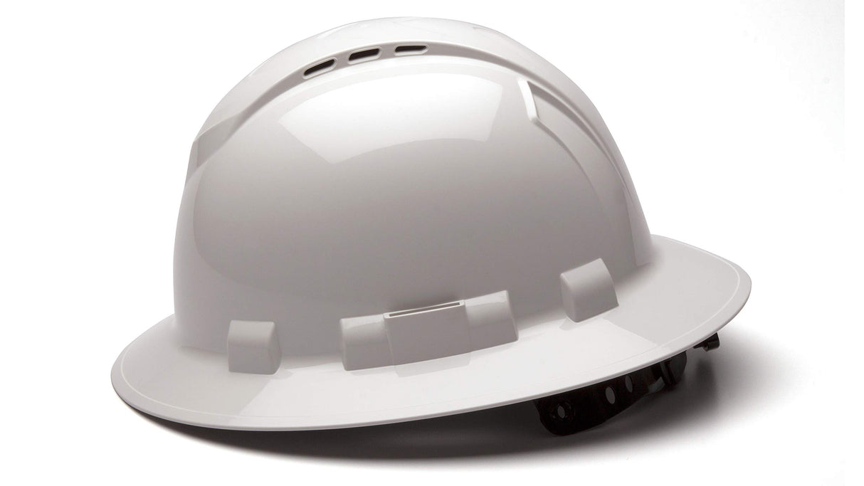 PYRAMEX Ridgeline Full Brim Hard Hat, Vented, 4-Point Ratchet Suspension, White Pyramex Safety