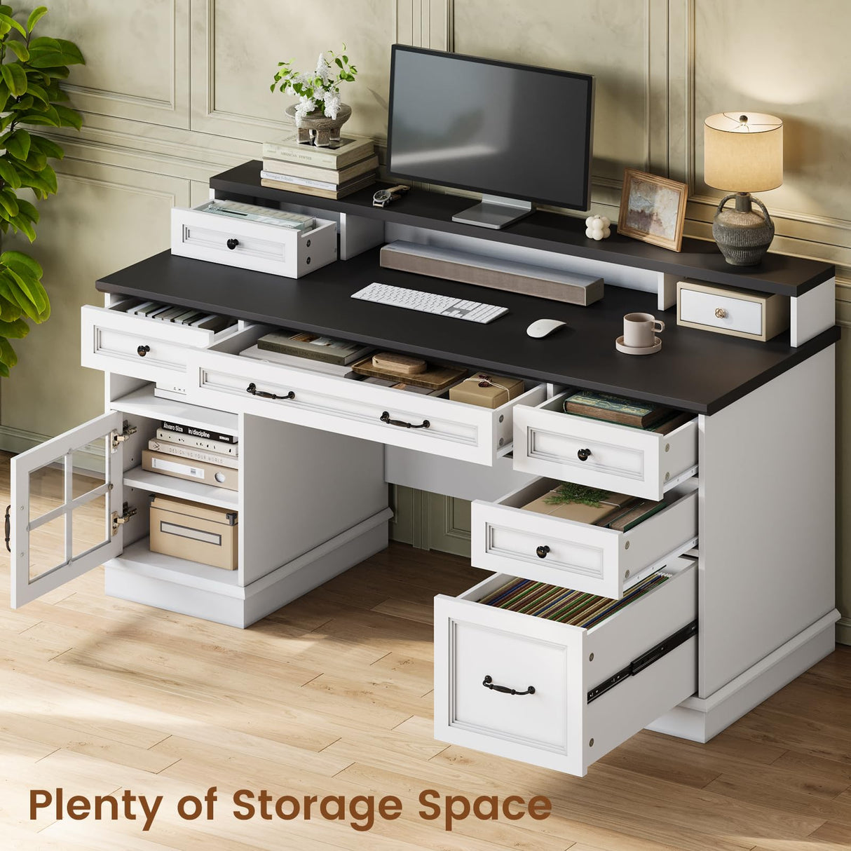 HAUOMS Executive Desk Farmhouse Computer Desk with Drawers and Storage Cabinet, Executive Office Desk with File Drawer,Charging Station and Led Lights,Wood Home Office Desk with Monitor Shelf,White HAUOMS