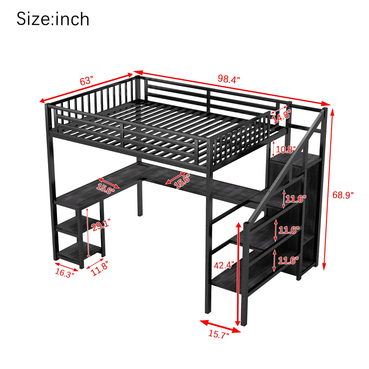 Queen Size Loft Bed with Desk and Stairs, Gaming Loft Bed with RGB LED Light and Storage, Heavy-Duty Metal Loft Beds Frame with Wardrobe, Shelves and Charging Station for Adults Kids Teens, Black Mirightone