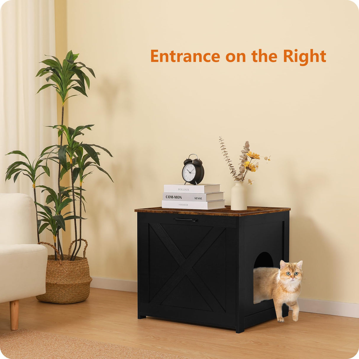 DWANTON Cat Litter Box Furniture Hidden, Cat Litter Box Enclosure, Reversible Entrance Can Be on Left or Right Side, Indoor Cabinet, Wooden Washroom, Nightstand, Black and Rustic Brown, 23.6" L Dwanton