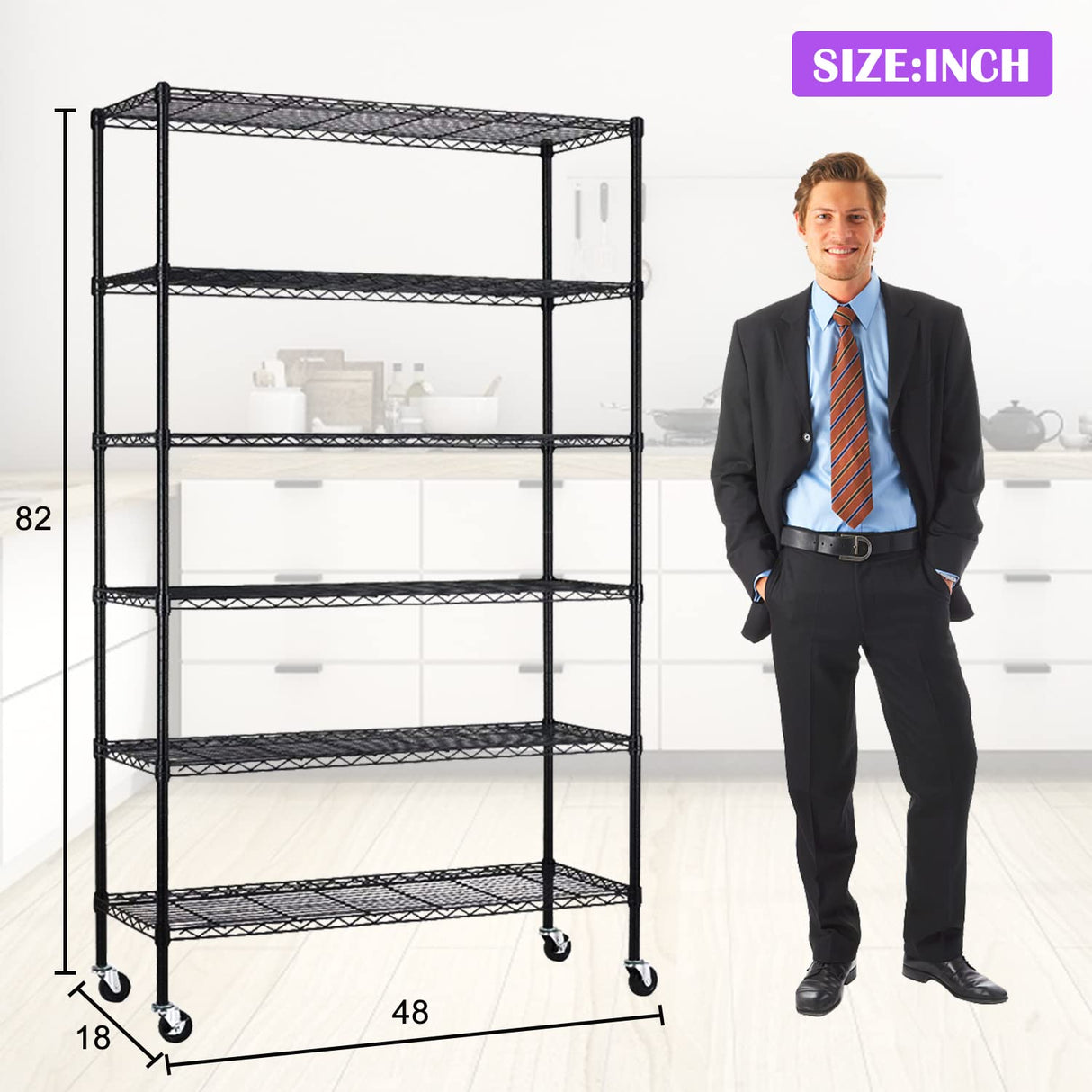 Storage Shelves 6-Tier Wire Shelving Unit Garage Shelving with Wheels 2100LBS Capacity,18" D x 48" W x 78" H Metal Shelves Storage Rack Heavy Duty Shelving for Garage Kitchen Pantry,Black Capacmkseh