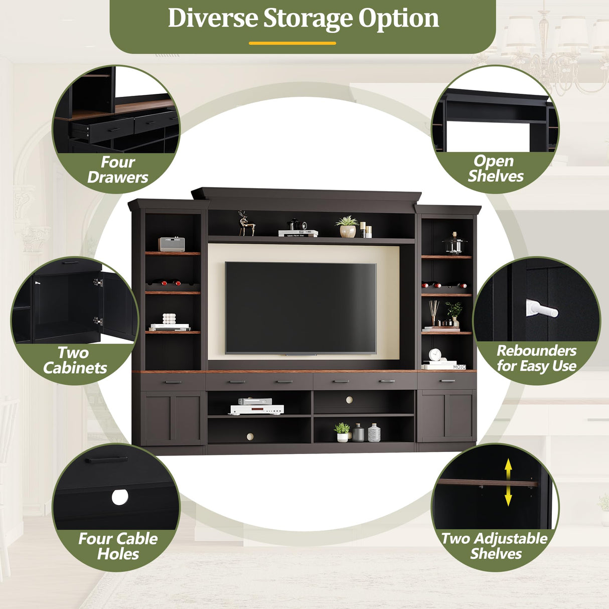 LUMISOL 4-Piece Farmhouse Entertainment Wall Unit Set for TVs up to 70", TV Stand with Bookshelves and 4 Drawers, Large Media Console with Wine Rack and Adjustable Shelves, for Living Room, Black LUMISOL