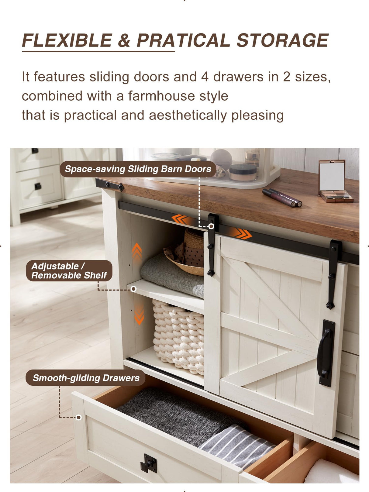 T4TREAM Farmhouse Dresser for Bedroom w/4 Drawers & Sliding Barn Doors, 48'' Wide Chest of Drawers, Rustic Dresser TV Stand w/Shelf, Dresser Organizer for Bedroom, Living Room, Entryway, Antique White T4TREAM