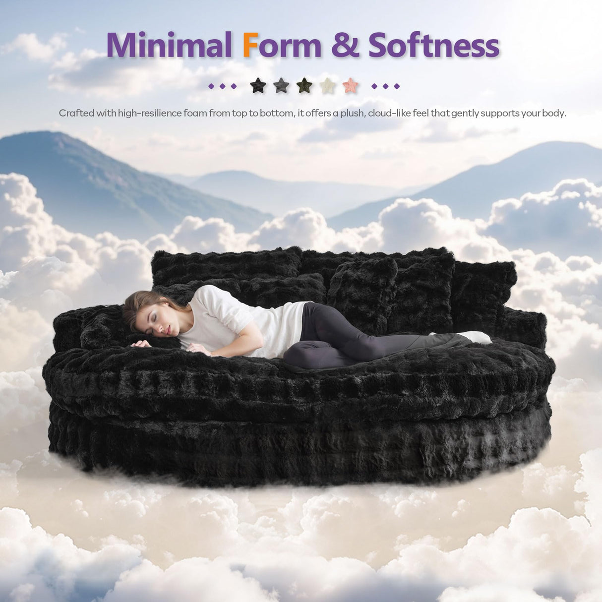 TYBOATLE 83’’ Oversized Round Chaise Lounge Chair Indoor w/Deep Seat, Round Memory Foam Couch, Comfy Fluffy Plush Chaise Lounge Indoor w/Double Cushion, Circle Bed for Livingroom (Black) TYBOATLE