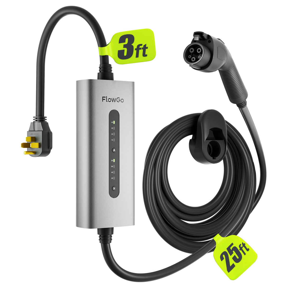 FlowGo Level 2 EV Charger 40A J1772 Connector 9.6KW Electric Car Charger 240V with 14-50 Plug 25 FT Cable 15-40 Amps Adjustable Current Mobile Vehicle Charging Station for All EVs FlowGo