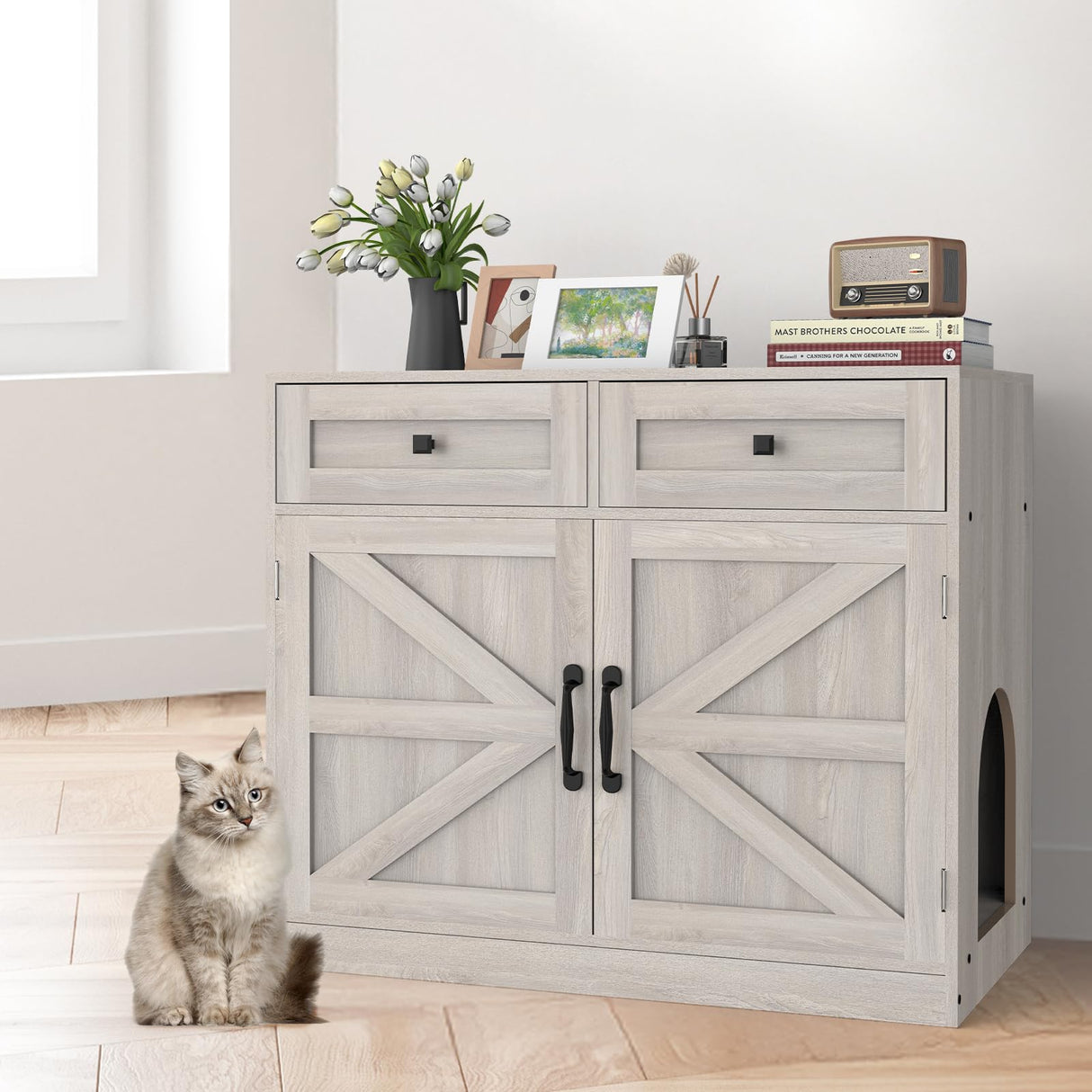 Cat Litter Box Enclosure Furniture Ultra-Large Wooden Hidden Litter Box,2-Door Storage Cabinet, 2 Drawers, 1 Air Vents,Litter Box Furniture Fit Most of Litter Box. SANXUO