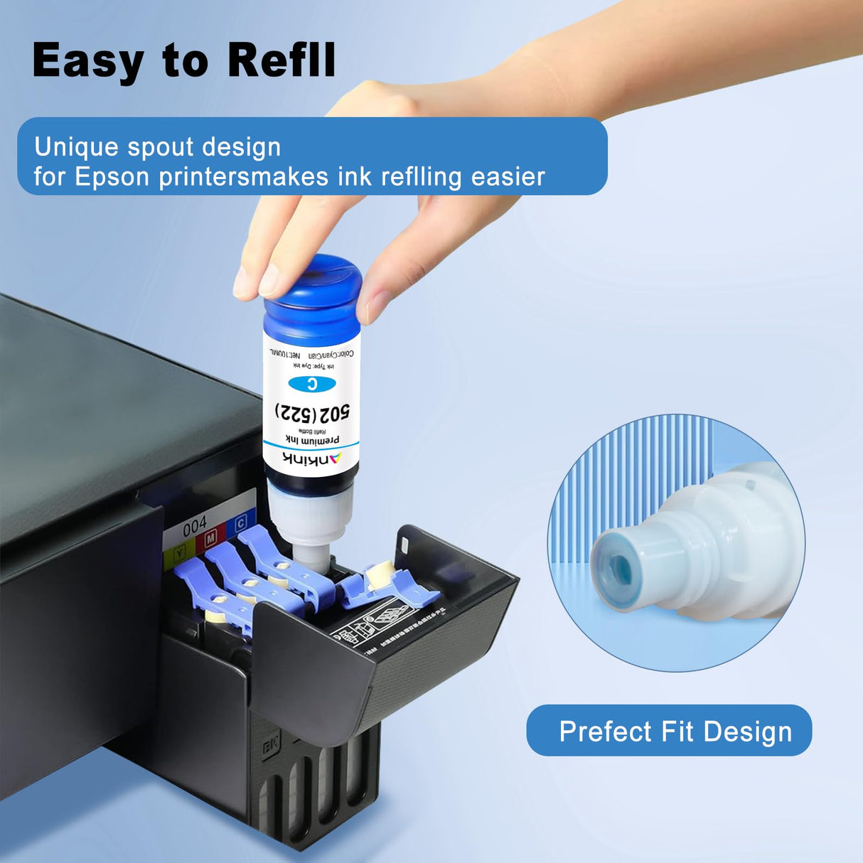 Ankink 502 T502 Ink Refill Bottles Replacement for Epson Ecotank ET 2850 ET-2760 ET-4760 ET 2750 ET-3760 ET-15000 ET-4850 ET-3710 ET-3850 ET-3750 ET-3830 ST-4000 ST-2000 Printer (3BK C M Y) Ankink