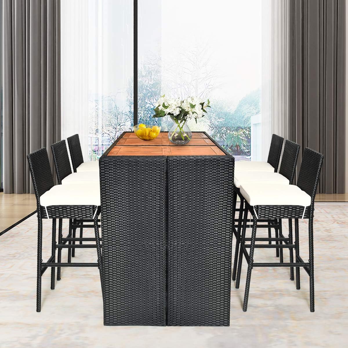 HAPPYGRILL 7 Pieces Outdoor Wicker Bar Set, Rattan Dining Set with Patio Bar Height Table & 6 Bar Stools with Cushions Outside Bar Set for Poolside Patio Backyard HAPPYGRILL