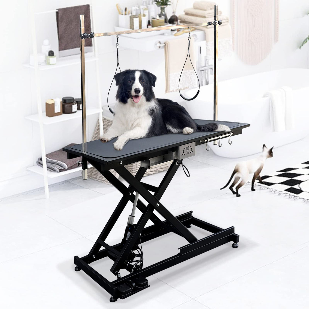 JETEAGO 49.6” Pet Dog Grooming Table Adjustable Professional Trimming Table with Arms,Noose for Large Cat Shower Table, Maximum Capacity Up to 330LBS JETEAGO