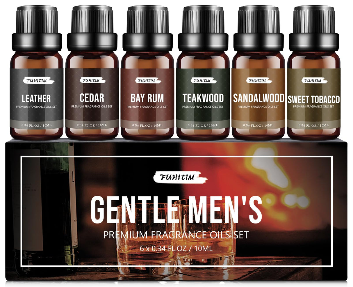 FUHITIM Fragrance Oil Gentlemen's Set, Scented Oil for Candle Scents for Candle Making, Soap Making Scents, Diffuser Oils Scents | Leather, Sweet Tobacco, Teakwood, Bay Rum, Cedar, Sandalwood (6*10ML) FUHITIM