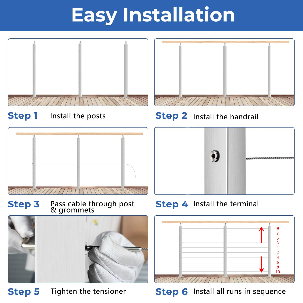 Gyykzz One-Stop Cable Railing Post Kits, 4Pack Brushed Finish Level Drilled Line Post 36", Adjustable Top Cable Railing System Including 4 Railing Posts, 160ft Cable, 10 Set Terminal, 80 Cable Sleeves Gyykzz