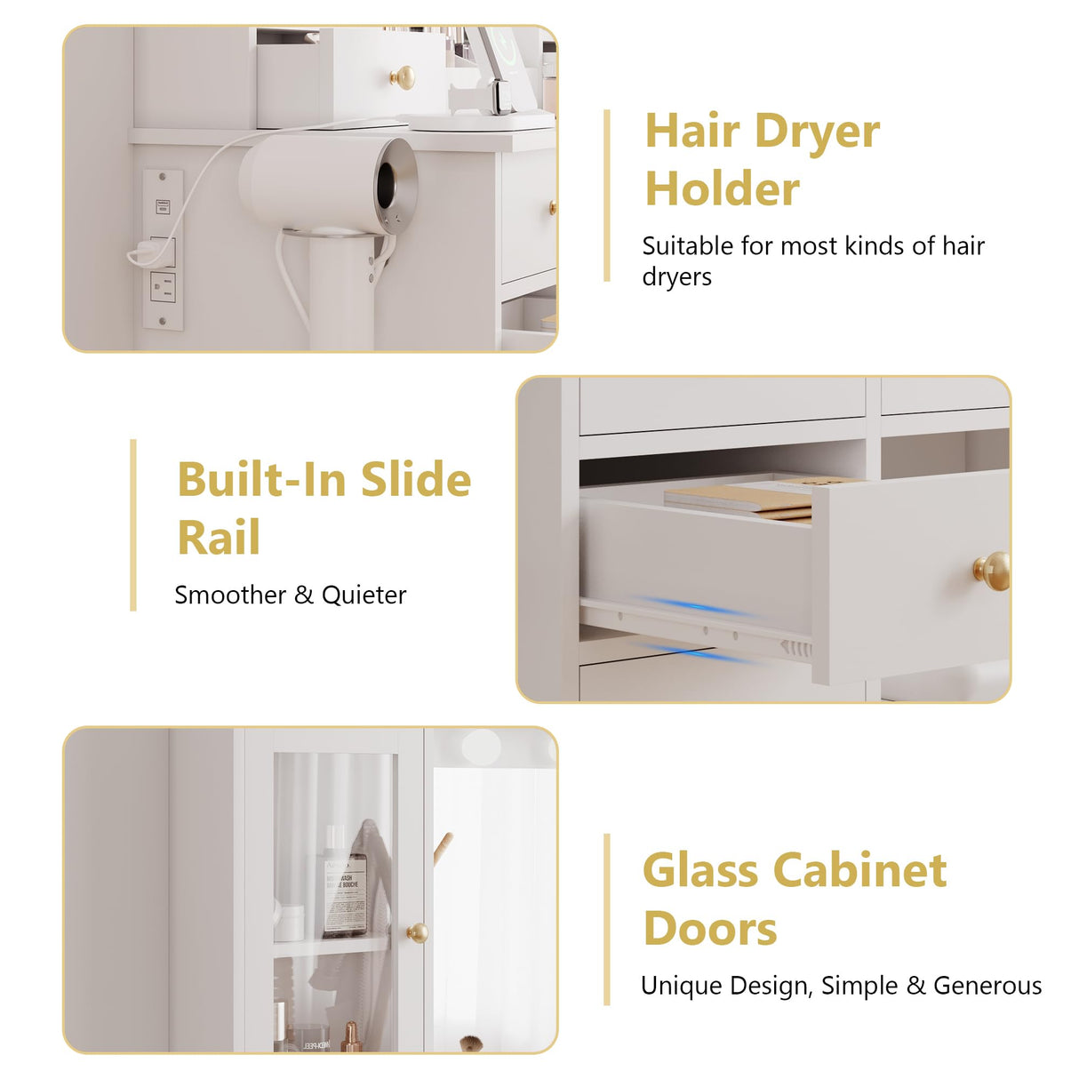 Makeup Vanity Desk with Mirror and Lights, White Vanity Table Set with Storage Drawers, Charging Station, Cabinets & Chair, Large Dressing Table with RGB Ambient Light for Women Girls Bedroom Bathroom Xixini