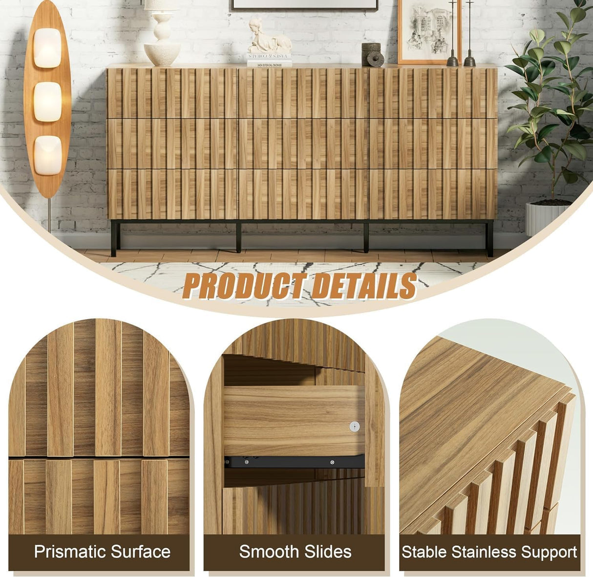 UEV 9 Drawer Dresser for Bedroom, 59" Mid Century Style Fluted Dresser with 9 Drawers,Long Chest of Drawers TV Stand for Bedroom,Hallway UEV