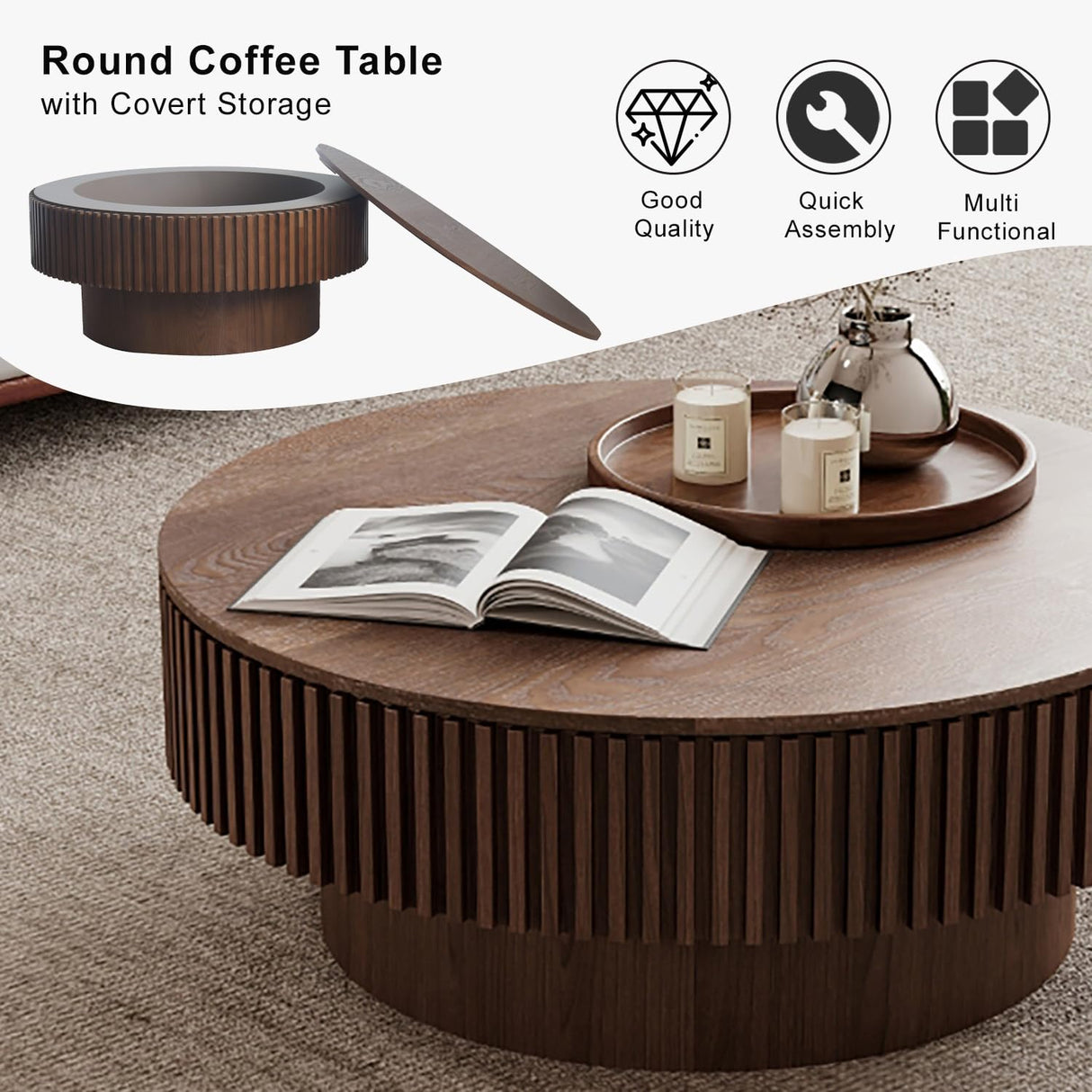 Round Coffee Table with Storage, Modern Wooden Coffee Table with Solid Wood Veneered, Circle Center Table Accent Tea Table for Living Room Apartment Small Space (31.5''L × 31.5''W × 14''H, Walnut) FGXJY