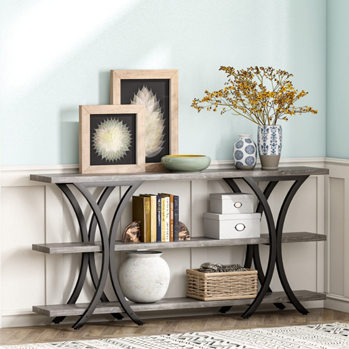 Tribesigns 70.8 Inch Narrow Console Table, Long Sofa Table Entry Table with 3 Tier Storage Shelves for Entryway Hallway Living Room (Gray) Tribesigns