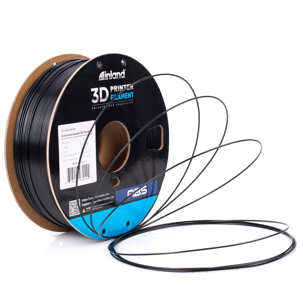 INLAND ABS Filament 1.75mm, ABS 3D Printing Filament, Dimensional Accuracy +/- 0.03 mm - 1kg Cardboard Spool (2.2 lbs) - Heat Resistant Black ABS Filament INLAND