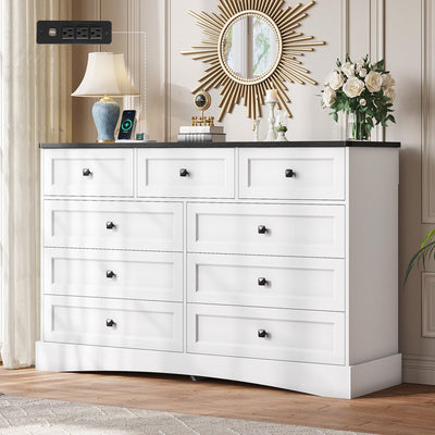 Hasuit Bedroom Dresser with 9 Drawers, 51.2‘’ Long Dresser TV Stand with Charging Station, Farmhouse Dresser Chest of Drawers, Large Wood Storage Organizer Dresser for Bedroom Living Room, White/Black