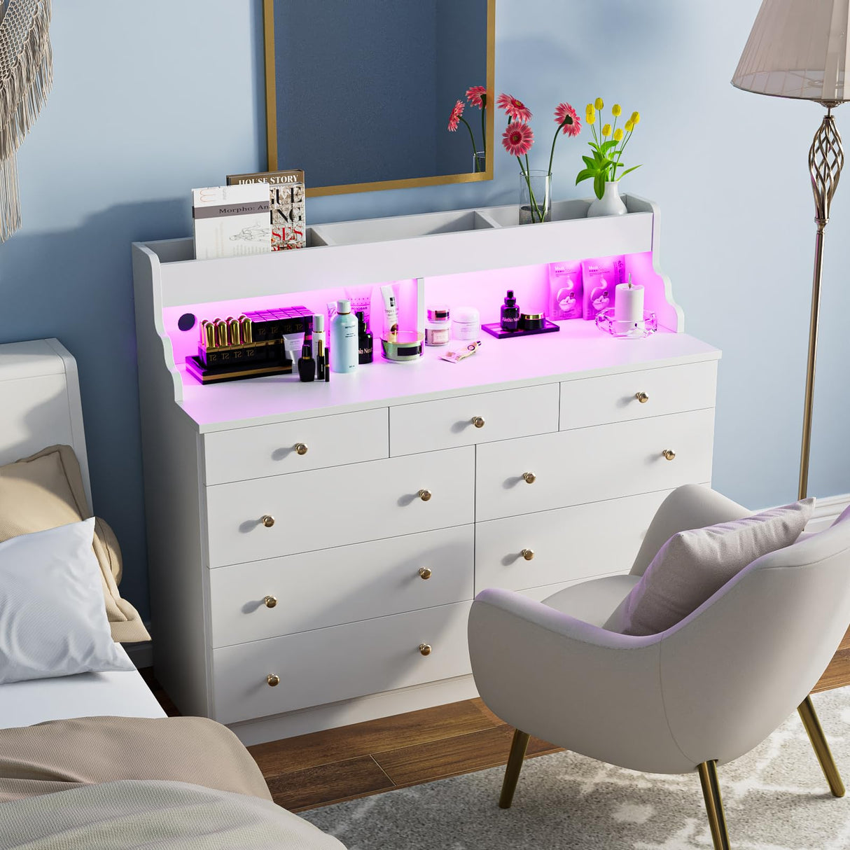 Yeyawomy 9 Drawers Dresser with LED Light, Dresser for Bedroom with Power Outlet, Modern Chest of Drawers, Storage Dresser with Open Storage Space, Dressers & Chests of Drawers for Closet (White) Yeyawomy