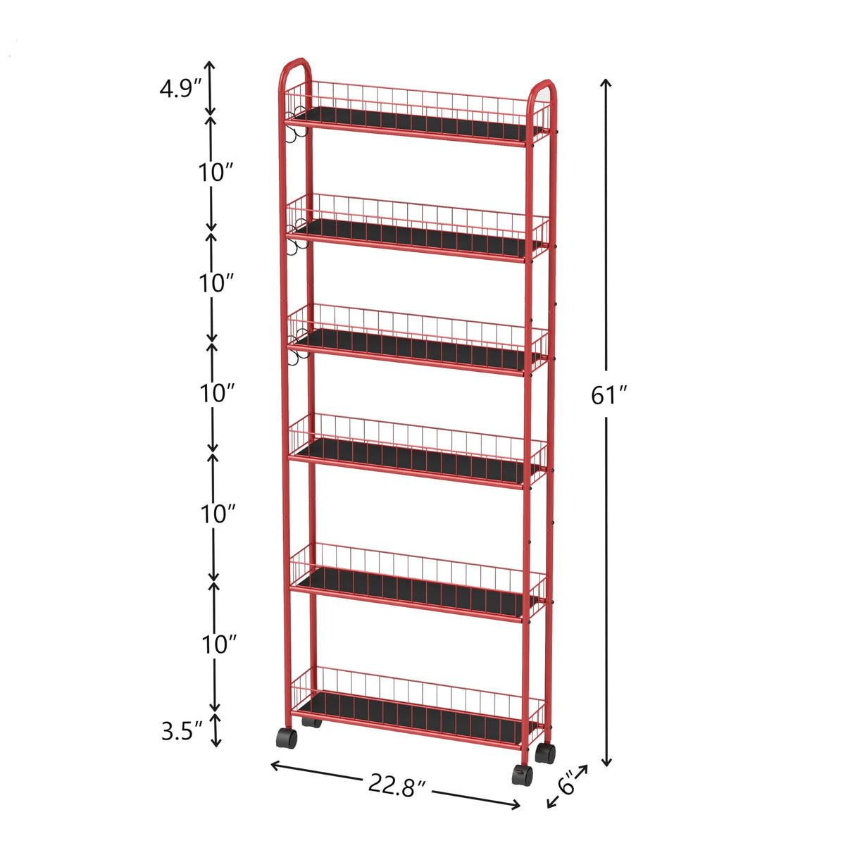 VFY 6-Tier Storage Cart Wire Slim Shelving Shelf with Wheels for Small Spaces, Rolling Tall Organizer Storage for Bathroom, Kitchen, Home, Garage, Bedroom, Closet (Red, 6" D) VFY