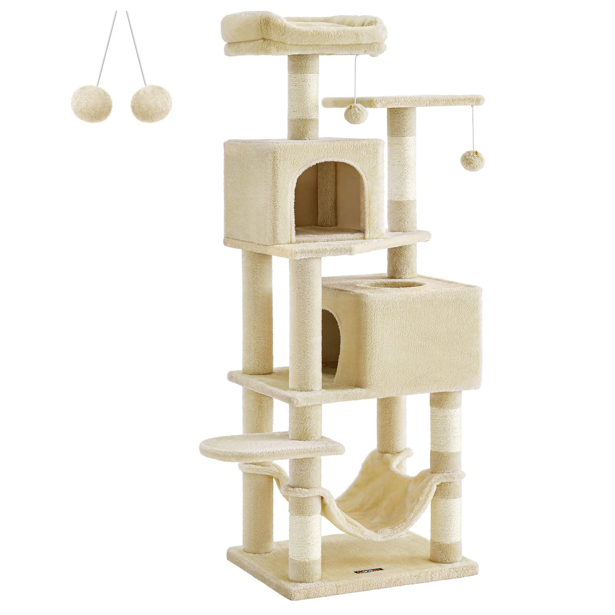 Feandrea Cat Tree, 61-Inch Cat Tower for Indoor Cats, Plush Multi-Level Cat Condo with 5 Scratching Posts, 2 Perches, 2 Caves, Hammock, 2 Pompoms, Beige UPCT192M01 Feandrea